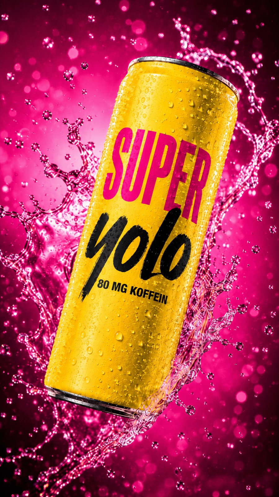 Gelbe SUPERYOLO-Dose mit Wasserspritzern