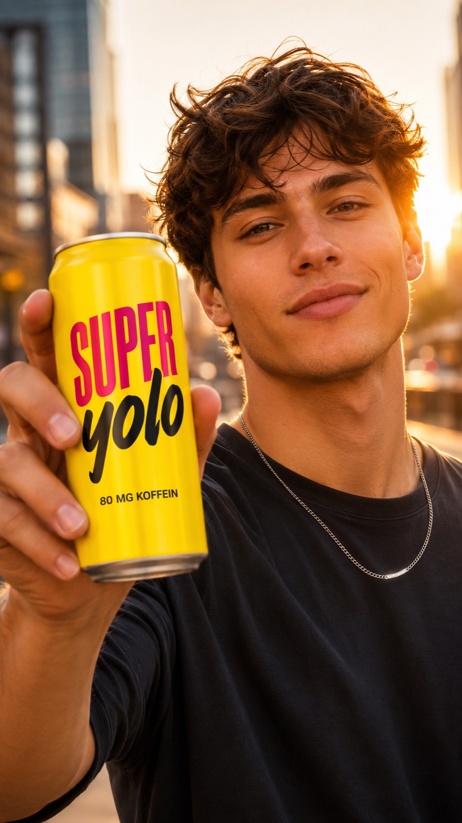 Junge Person hält eine SUPERYOLO-Dose in die Kamera