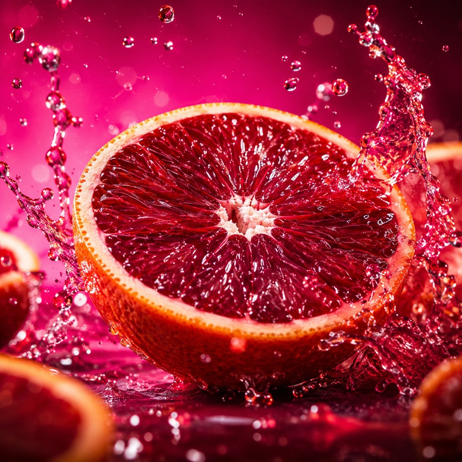Aufgeschnittene Blutorange mit Saftspritzern vor magentafarbenem Hintergrund