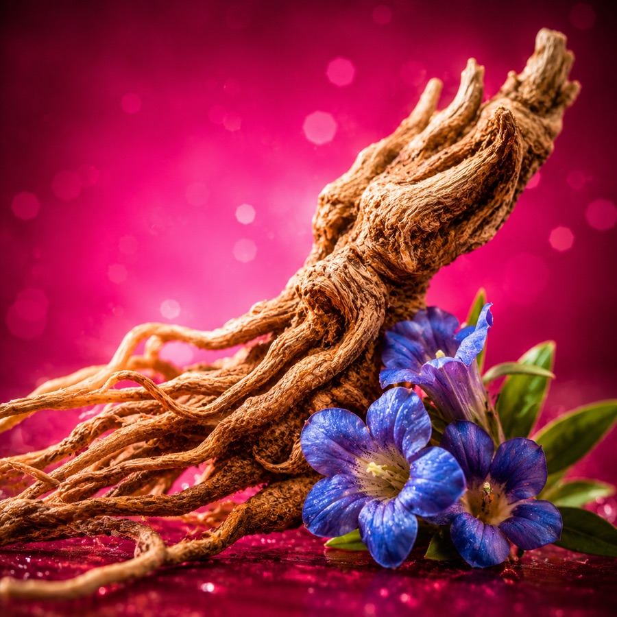 Getrocknete Enzianwurzel mit blauen Enzianblüten vor magentafarbenem Hintergrund