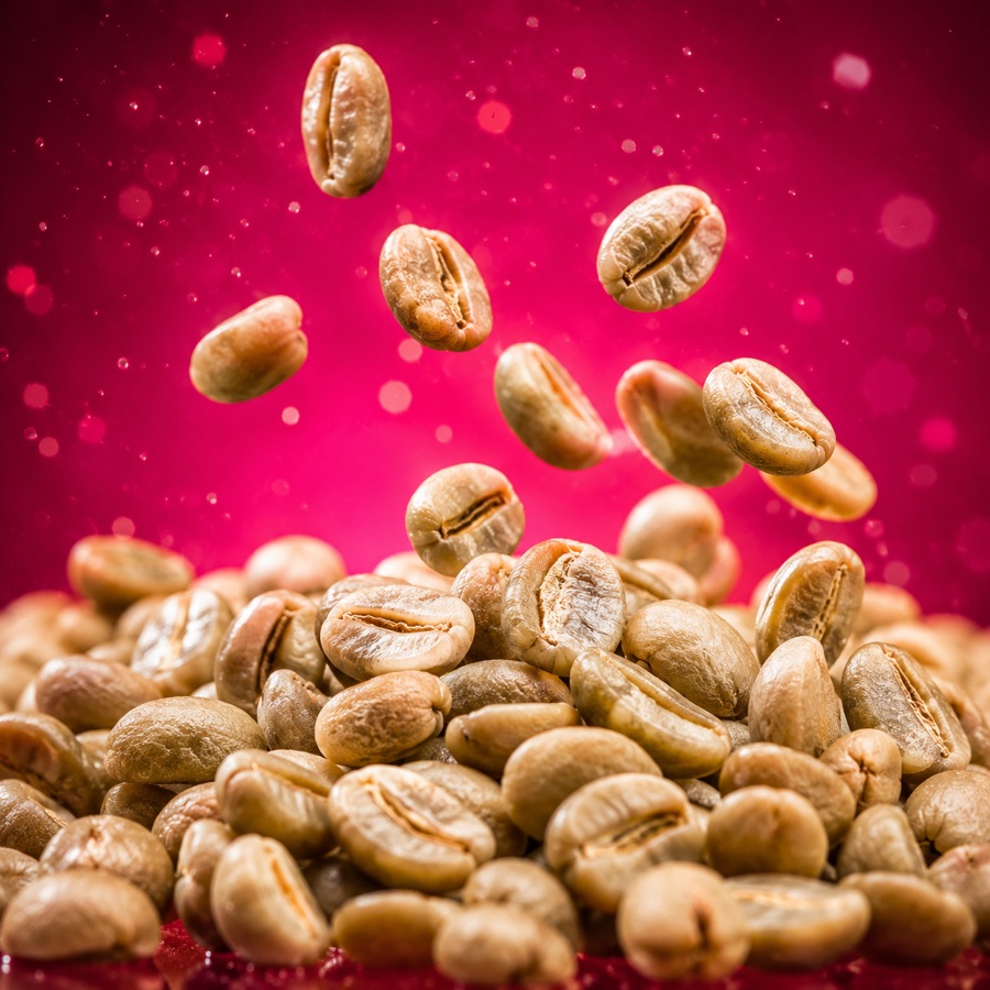 Rohe grüne Kaffeebohnen vor magentafarbenem Hintergrund